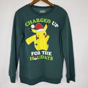 Pokemon Pikachu Sweatshirt Boys XL Sweater Green Charged Up Holidays Crewneck